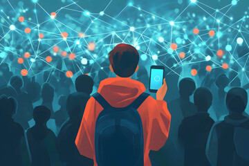 A person using a smartphone with social media power lines connecting them to a large digital crowd