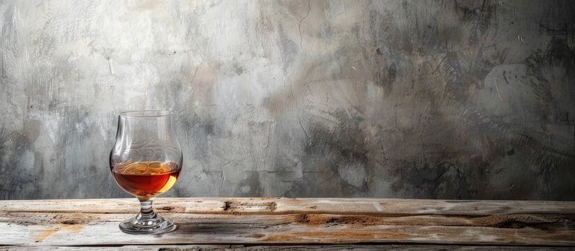 Whiskey or brandy in a glass on an old wooden table with a gray concrete background. Selective focus copy space image.
