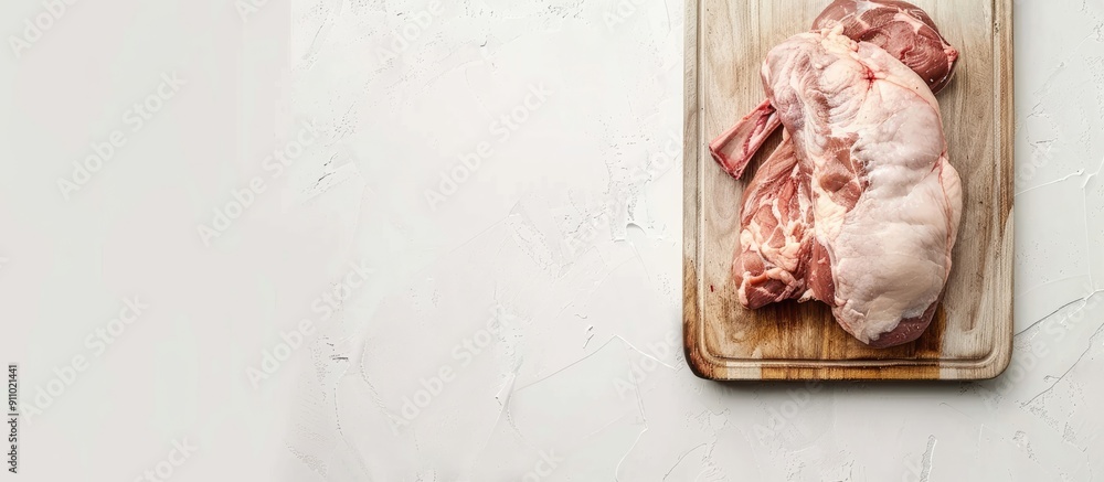 Poster top view of uncooked rabbit meat on a cutting board against a white backdrop, with empty space for a