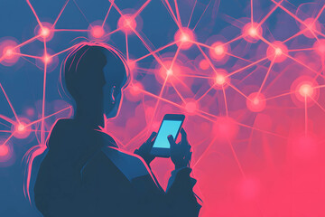 A person using a smartphone with social media power lines connecting them to a large digital crowd