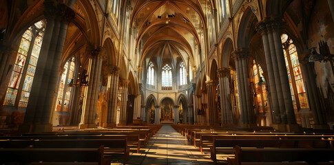 Church Interior with Stained Glass Windows - Realistic Image