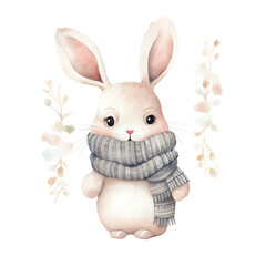 Cute illustrated bunny with scarf, surrounded by branches. Perfect for winter and holiday themes.