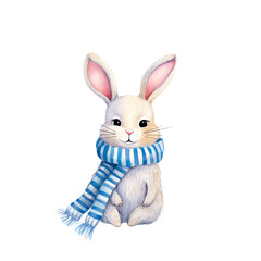 Adorable bunny wearing a blue striped scarf. Perfect for Easter, spring, or children's illustration. Cute and whimsical design.