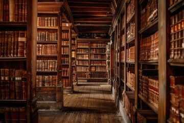 Obraz premium atmospheric library interior with floortoceiling shelves of antique leatherbound books warm lighting accentuates rich textures and evokes a sense of timeless knowledge