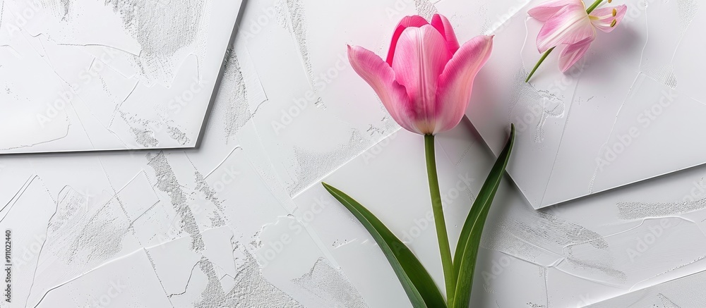 Poster pink tulip on a white background with geometric shapes, creating an easter and spring-themed holiday