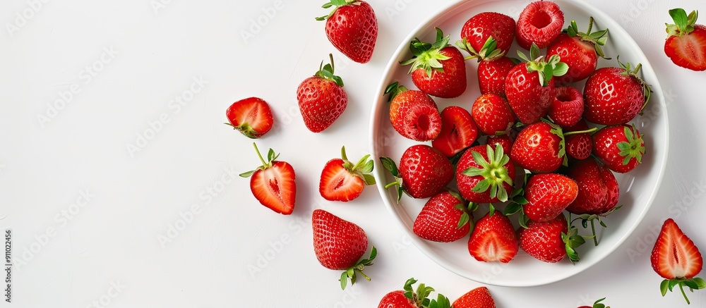 Aufkleber view from above of a healthy plate of fresh strawberries on white background suitable for text overl