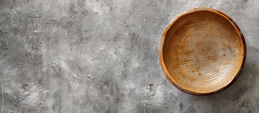 Poster top-down view of an empty ceramic bowl placed on a gray stone surface with plenty of space for addit