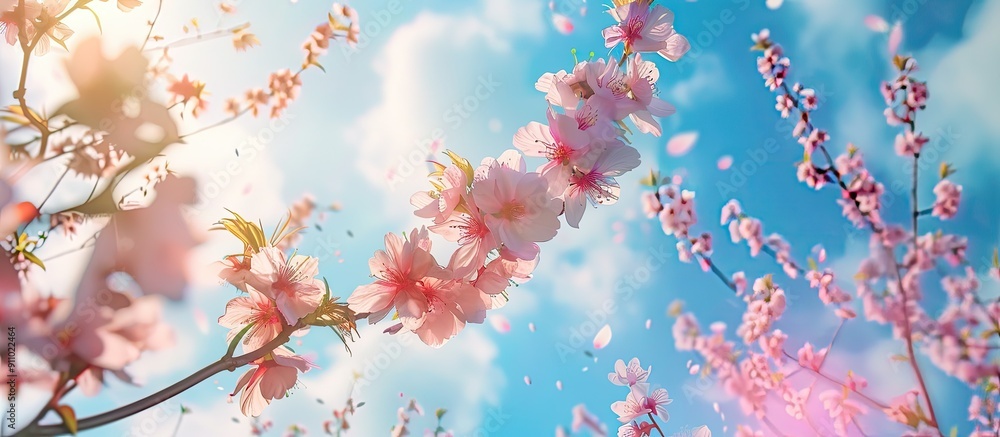 Poster spring is depicted with pink blossoming tree branches set against a blue sky backdrop in a copy spac