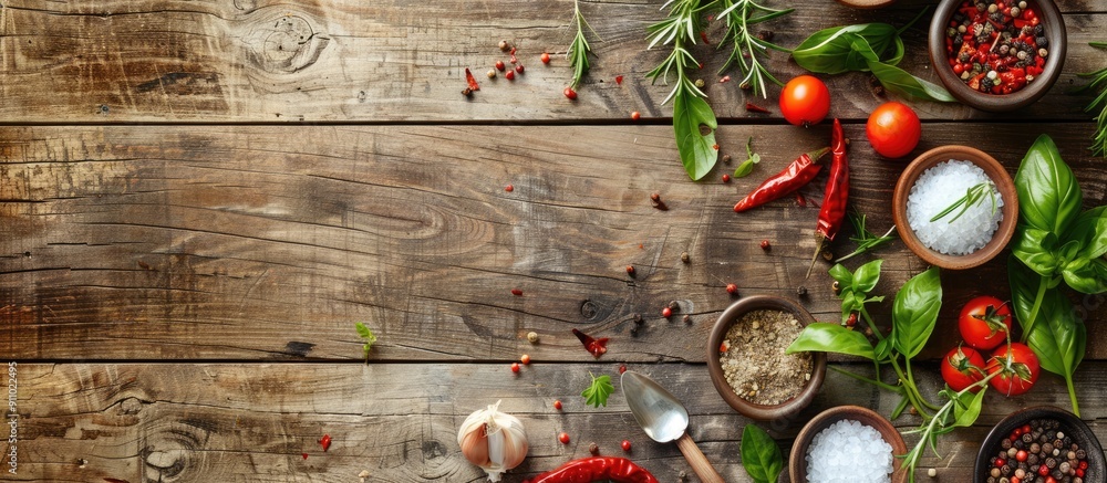 Poster ingredients for cooking displayed on a wooden rustic surface with copy space image available.