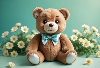 A cute brown teddy bear with a round body, button eyes, and a stitched smile, sitting on a light green background