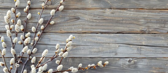 Top view of pussy willow branches on a wooden backdrop with copy space image.