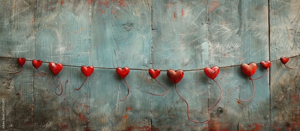Poster Image with a rustic wooden backdrop featuring numerous red hearts strung on a line with a stick, along with a Valentine's Day greeting; grungy filter applied, suitable for adding text