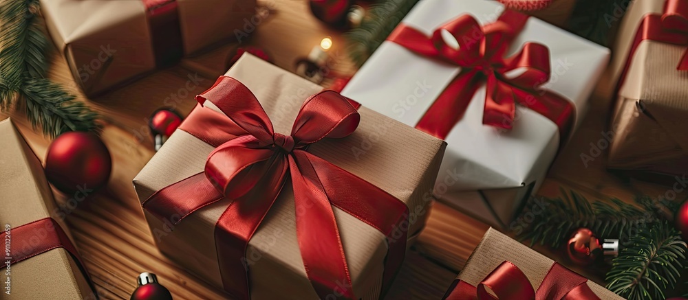 Poster various christmas gift boxes with ribbons neatly arranged on a table, creating a festive holiday vib