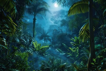 atmospheric night scene in lush tropical jungle bioluminescent plants glowing misty air moonlight filtering through dense canopy