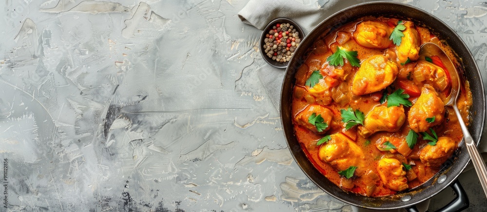 Poster top-down view of a tasty chicken curry dish in a frying pan with a spoon on a gray tabletop, providi