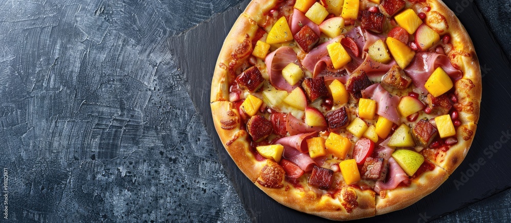 Poster top view of homemade hawaiian pizza topped with fruits and meat on a dark slate background with tabl