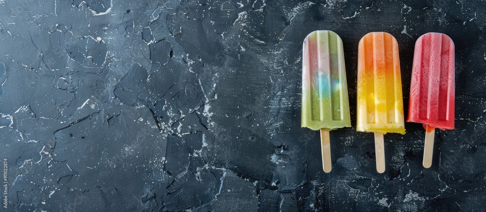 Poster overhead flat lay view of a popsicle against a slate background with copy space image.