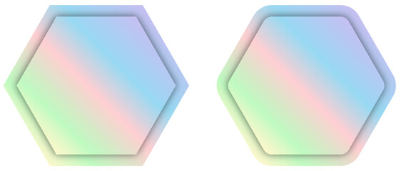 Hexagonal shapes labels frames with holographic pastel gradient, editable vector element set