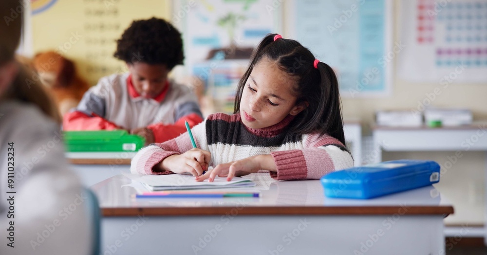 Poster girl, child and writing with notebook in classroom for learning, knowledge and info for assessment. 