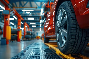 Fototapeta premium automotive workshop with focus on tire replacement dynamic composition contrasting textures professional tools mechanical details highlighted