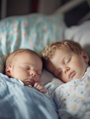 Two newborn babies sleeping peacefully side by side on a bed