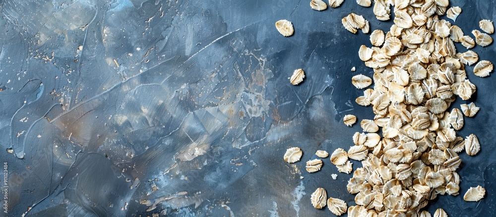 Poster uncooked rolled oats positioned on a table with ample space for adding text or images.