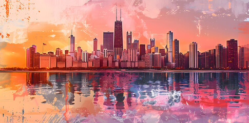 Chicago Skyline Illustration with Sunset and Water Reflection