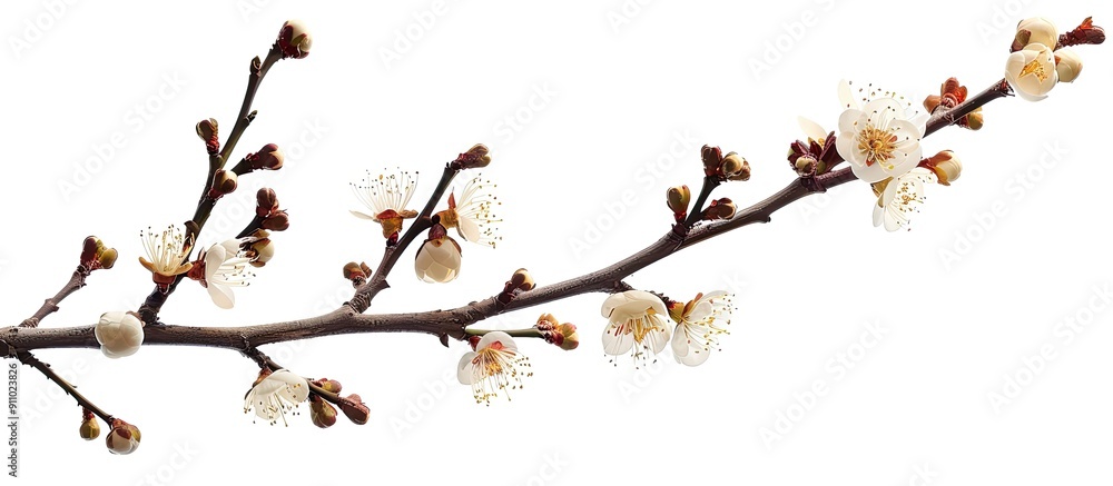 Poster single spring tree branch with flowers and buds isolated on a white background for design with copy 