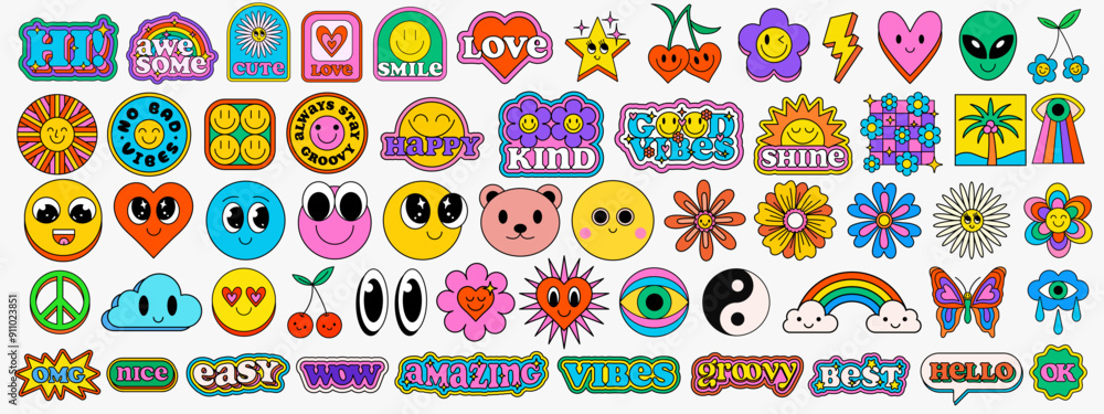 Poster Set Of Cool Y2k Stickers Vector Design. Collection Of Groovy Patches. Pop Art Illustration. Cute Comic Funny Badges. Psychedelic Trippy Signs.