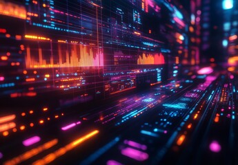 Fototapeta premium Futuristic data background with holographic charts and neon grids, ultra-modern interface, dark mode, highly detailed