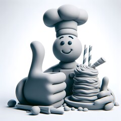 image of a chef giving a thumbs up while holding a milkshake glass on a white background, in a 3D claymation style