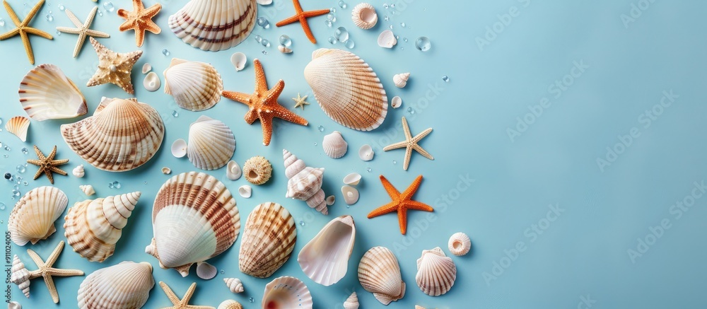 Aufkleber top view of a flat lay composition featuring a variety of sea shells and starfish on a colored table