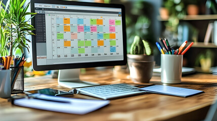 A social media manager scheduling posts using a content calendar tool, with a well-organized interface