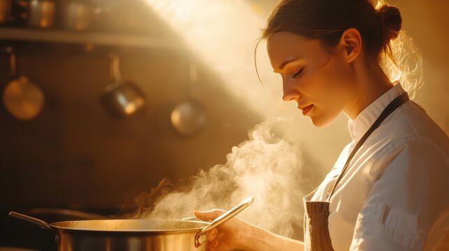 Modern full body image of a woman cooking in a professional kitchen