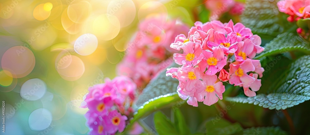 Poster lantana camara, known as common lantana, features pink flowers in a spring setting with selective fo