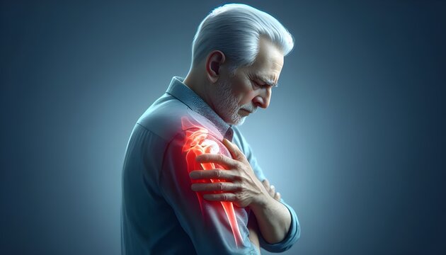 An old man experiencing severe shoulder pain, depicted with red inflammation to highlight the area of discomfort and urgency