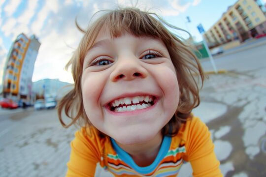 A cheerful young girl is captured smiling widely with a fisheye lens in an urban environment. The lens distortion adds a playful touch to her beaming expression.