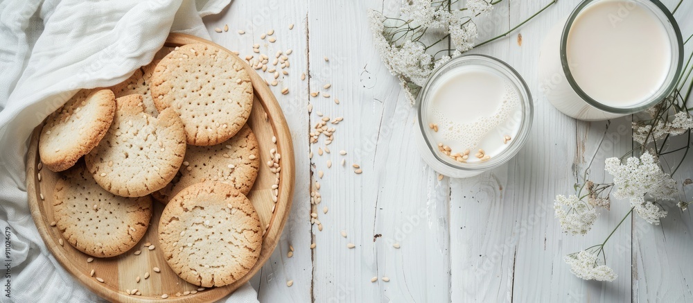 Poster sesame non-dairy milk with cookies is the vegan alternative displayed on a white wooden background w