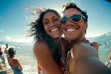 Obraz premium A cheerful couple embraces closely on a sunny beach, both smiling brightly at the camera, captured in a fish-eye lens shot that emphasizes their happiness and the beautiful seashore.