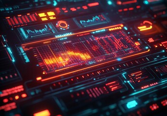 Fototapeta premium Futuristic data background with holographic charts and neon grids, ultra-modern interface, dark mode, highly detailed