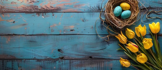 Top view of Easter-themed decorations including yellow tulips, an Easter egg nest, and a colorful palette on a wooden surface, with an area for text or other graphics, known as copy space image.