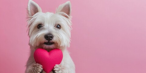 A small white dog holds a pink heart in its mouth, a symbol of love and innocence