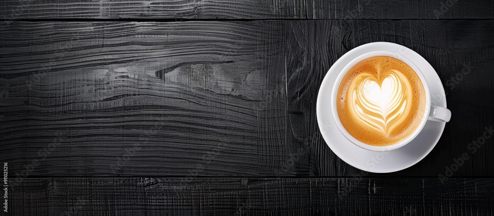Aufkleber top view of a white coffee cup with heart-shaped latte art foam on a black wooden table near a windo