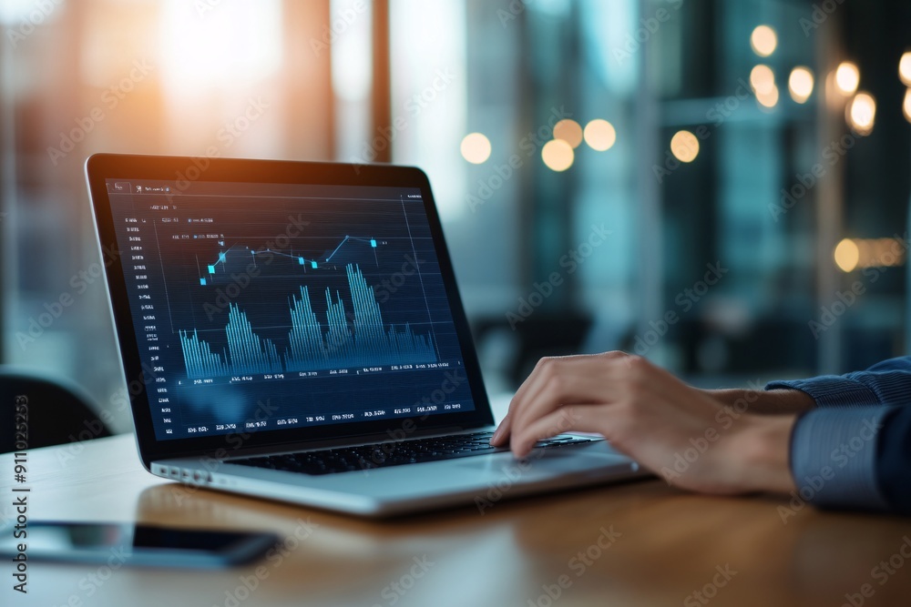 Poster an investor analyzing dividend yield charts on a laptop in a modern office setting, with data-driven