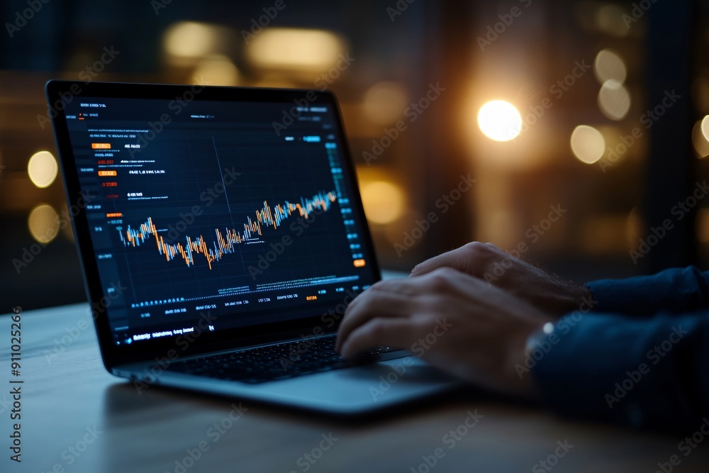 Poster an investor analyzing dividend yield charts on a laptop in a modern office setting, with data-driven