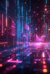 Fototapeta premium Futuristic data background with holographic charts and neon grids, ultra-modern interface, dark mode, highly detailed