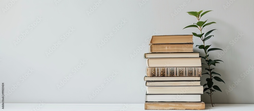 Poster stack of books on a white surface with copy space image.
