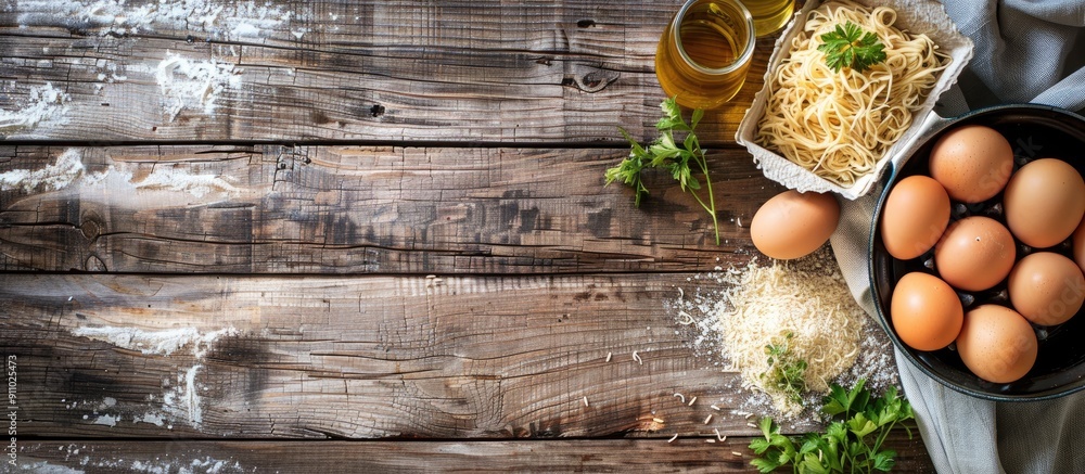 Poster top view of a rustic wood background featuring a pot with raw vermicelli and a carton of fresh chick