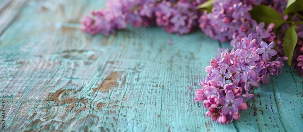 Poster lilac blooms on a pale blue wood backdrop with a branch at the edge of the frame, close up view, off
