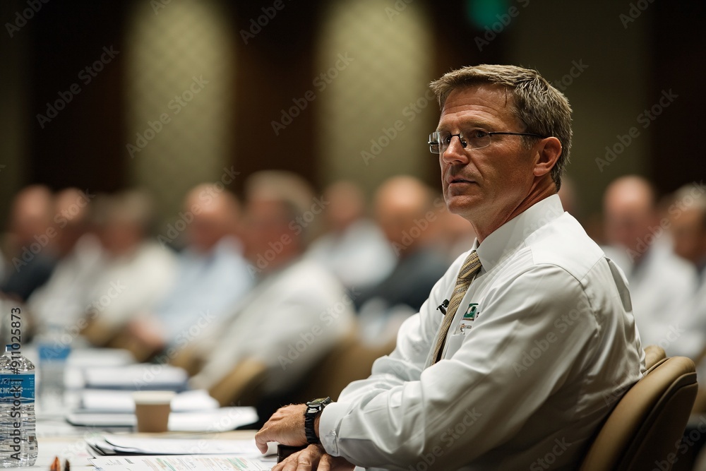 Poster documentary-style image of a financial workshop, focusing on a speaker discussing the compounding ef